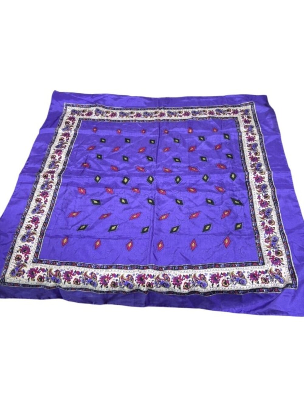 Vintage 30x30 Purple Floral Border Geometric Square Scarf Mod Eclectic